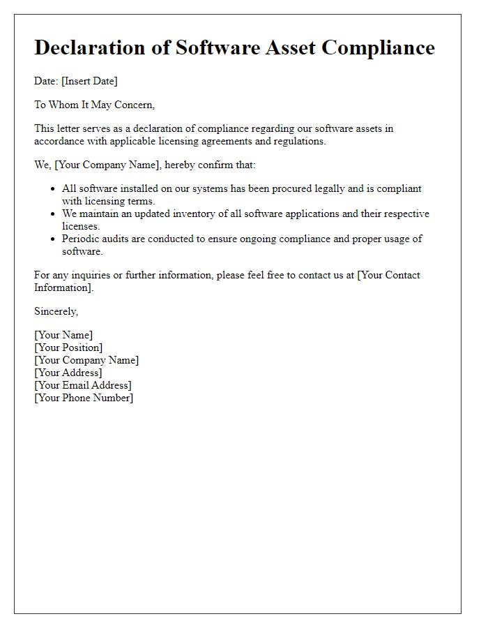 Letter template of declaration of software asset compliance