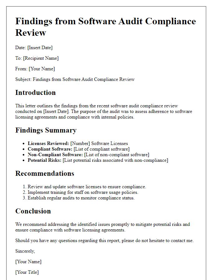 Letter template of findings from software audit compliance review