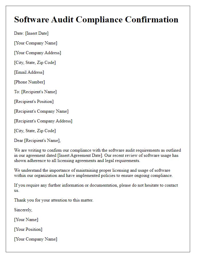 Letter template of software audit compliance confirmation