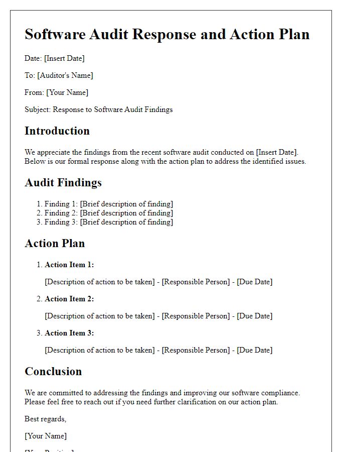 Letter template of software audit response and action plan