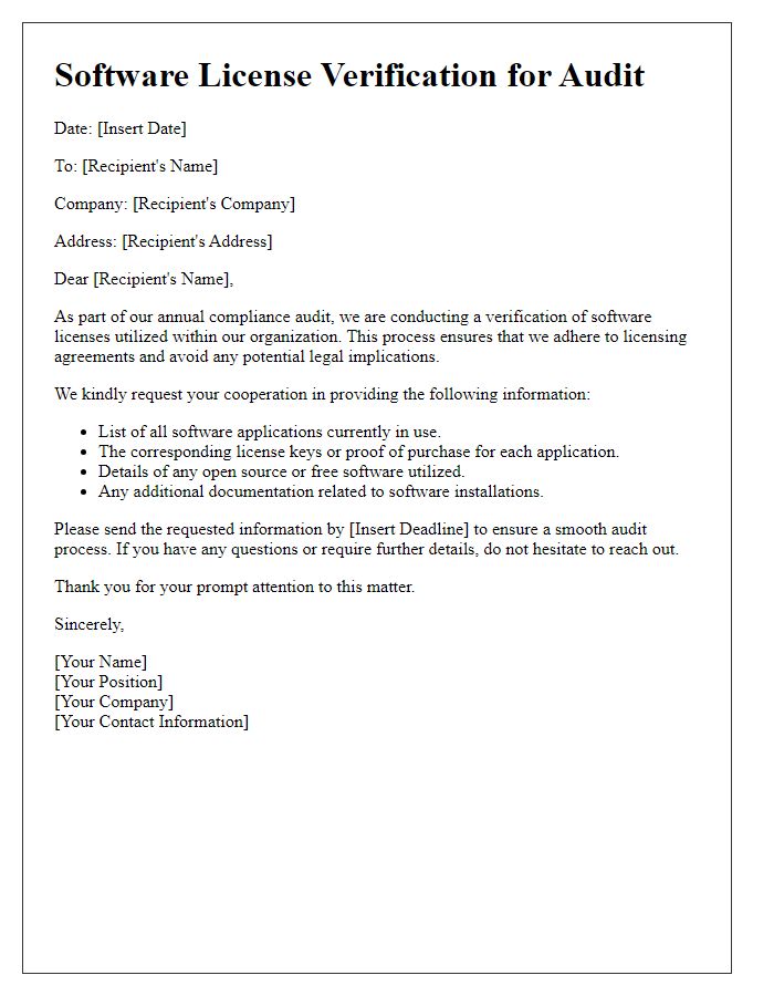 Letter template of software licenses verification for audit
