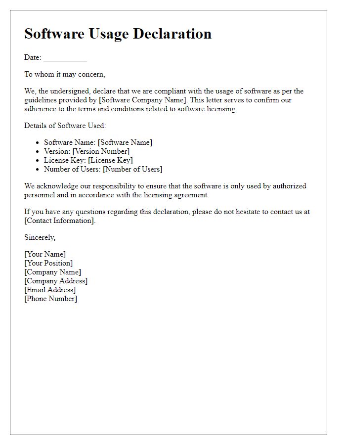 Letter template of software usage declaration for compliance