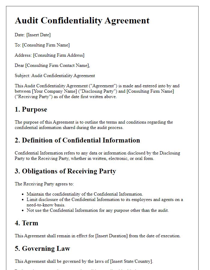 Letter template of audit confidentiality agreement for consulting firms.