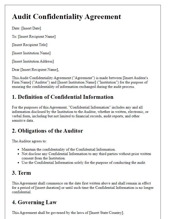 Letter template of audit confidentiality agreement for financial institutions.