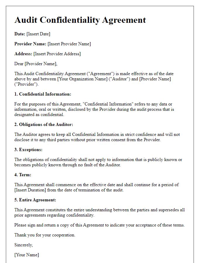 Letter template of audit confidentiality agreement for healthcare providers.