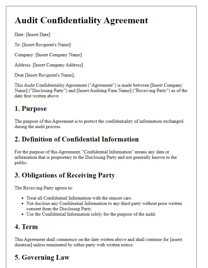 Letter template of audit confidentiality agreement for manufacturing companies.