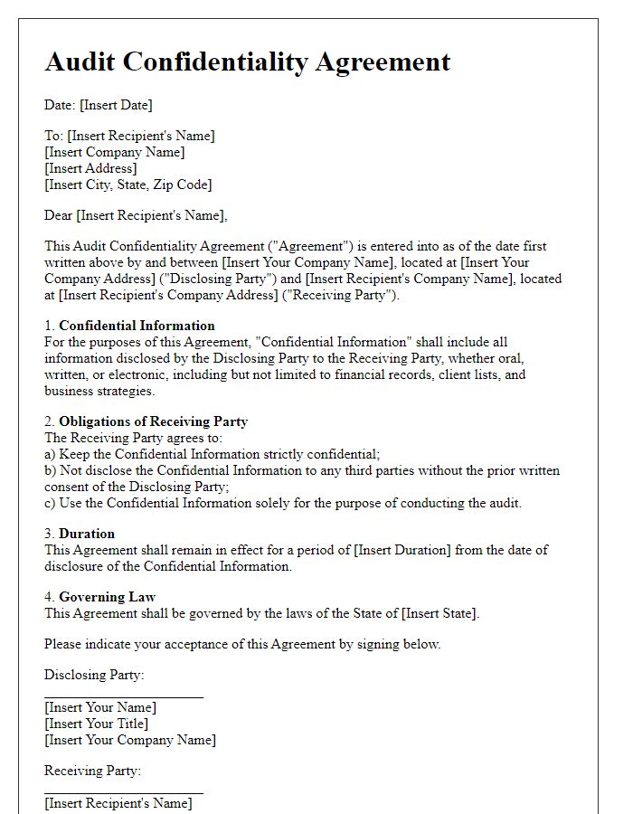 Letter template of audit confidentiality agreement for real estate companies.