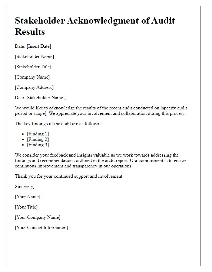 Letter template of stakeholder acknowledgment of audit results