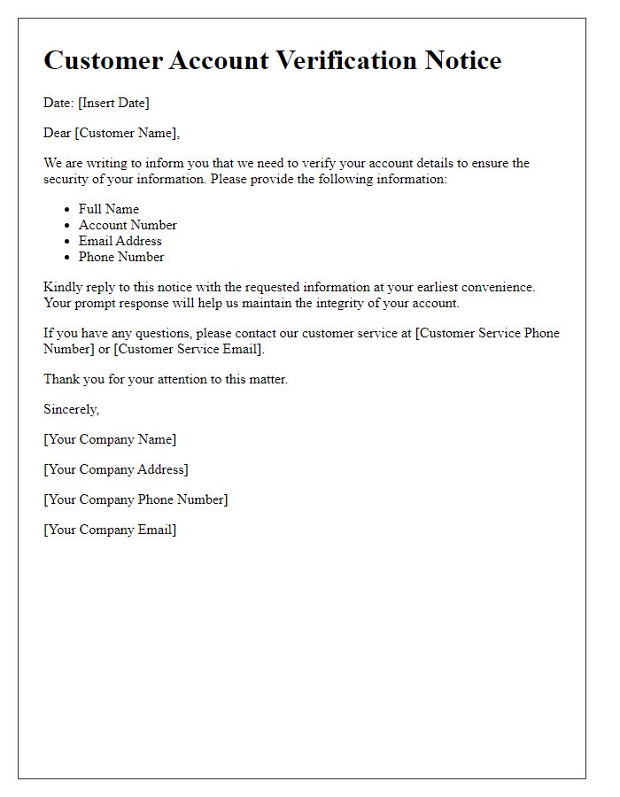 Letter template of Customer Account Verification Notice