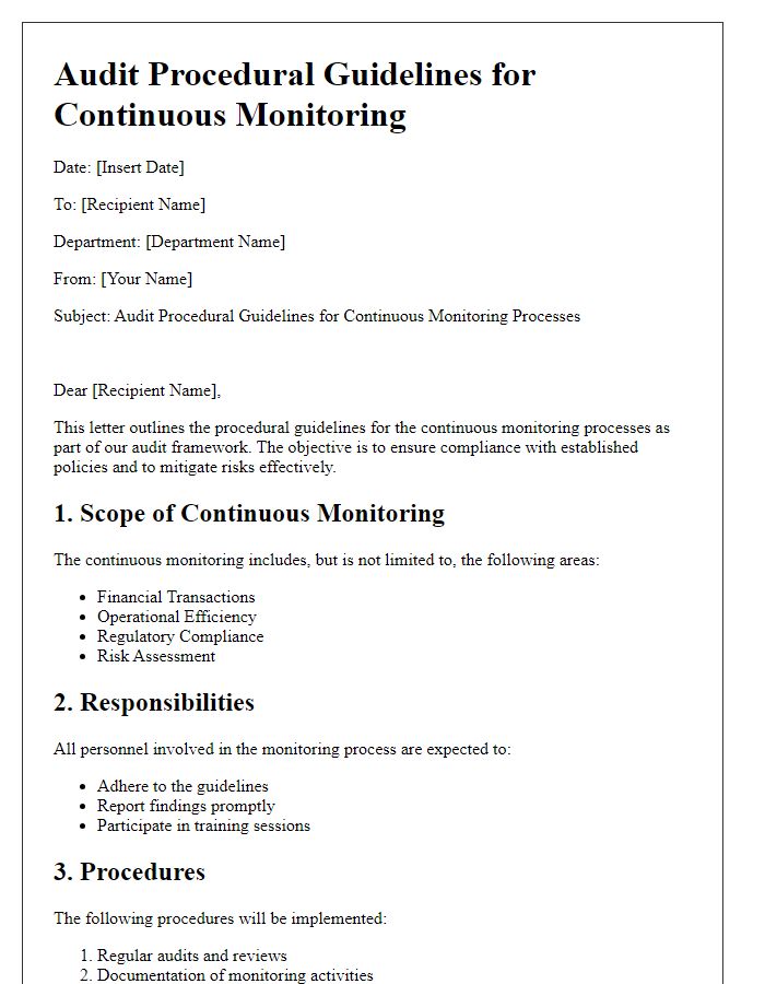 Letter template of audit procedural guidelines for continuous monitoring processes.