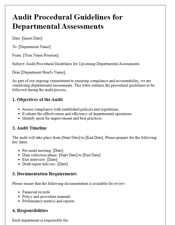 Letter template of audit procedural guidelines for departmental assessments.