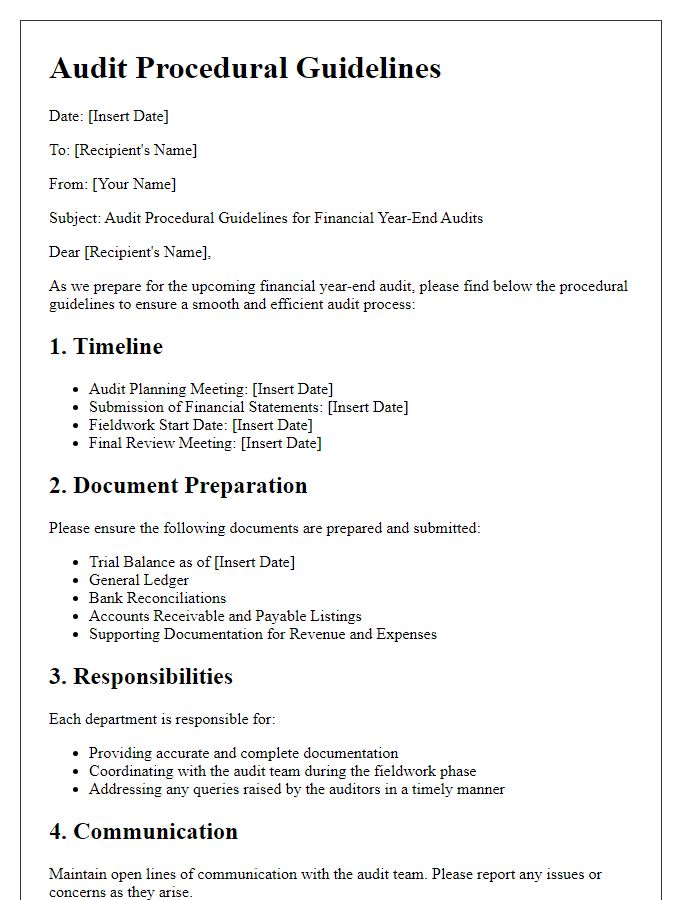 Letter template of audit procedural guidelines for financial year-end audits.