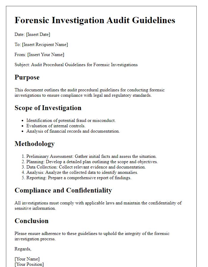 Letter template of audit procedural guidelines for forensic investigations.