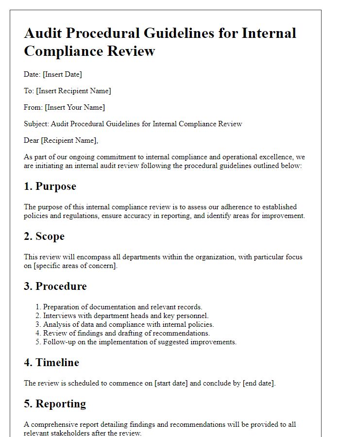 Letter template of audit procedural guidelines for internal compliance review.