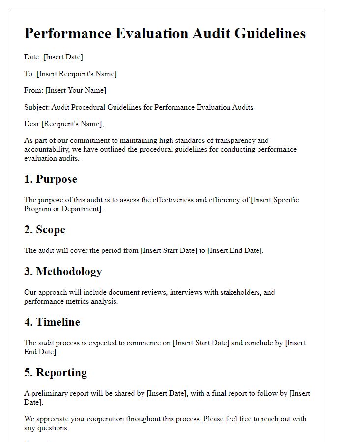 Letter template of audit procedural guidelines for performance evaluation audits.