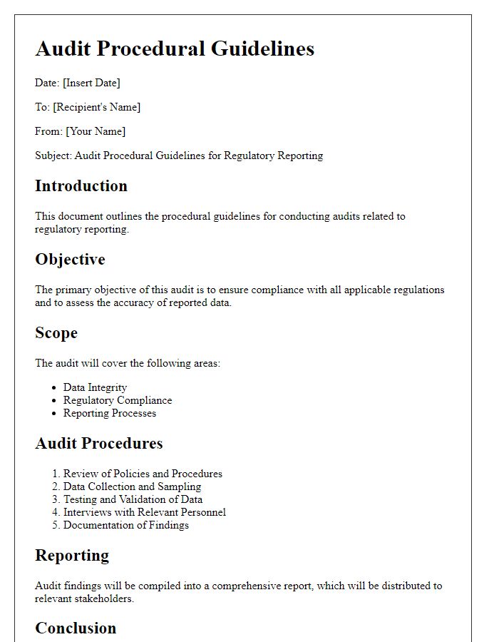 Letter template of audit procedural guidelines for regulatory reporting.