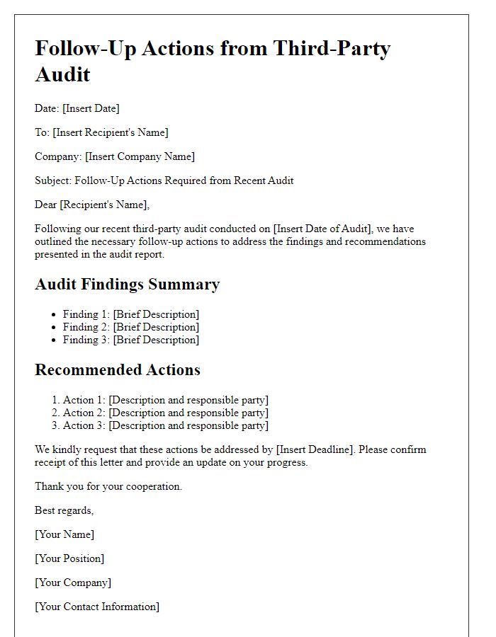 Letter template of third-party audit follow-up actions