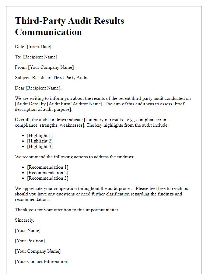 Letter template of third-party audit results communication