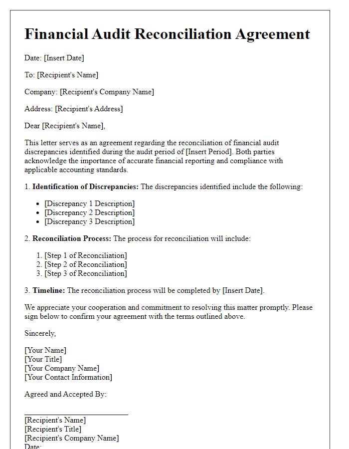 Letter template of financial audit reconciliation agreement