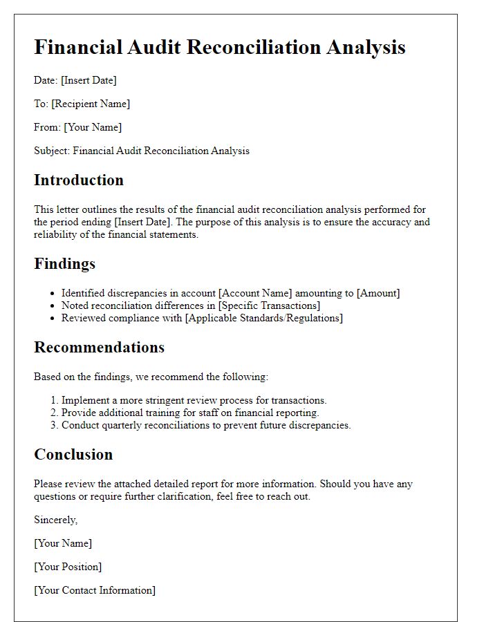 Letter template of financial audit reconciliation analysis