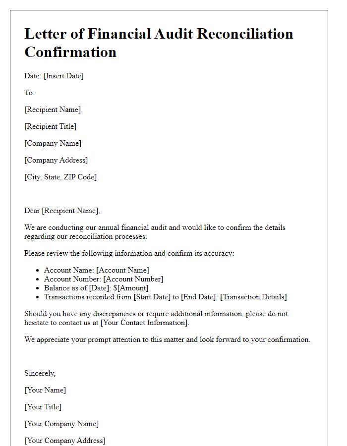 Letter template of financial audit reconciliation confirmation