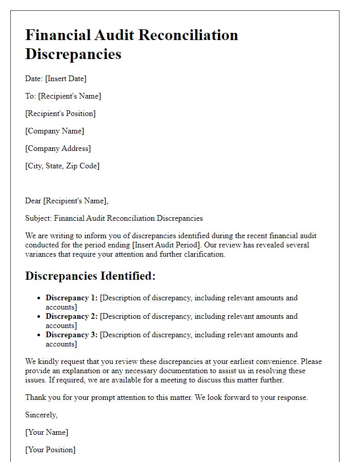 Letter template of financial audit reconciliation discrepancies