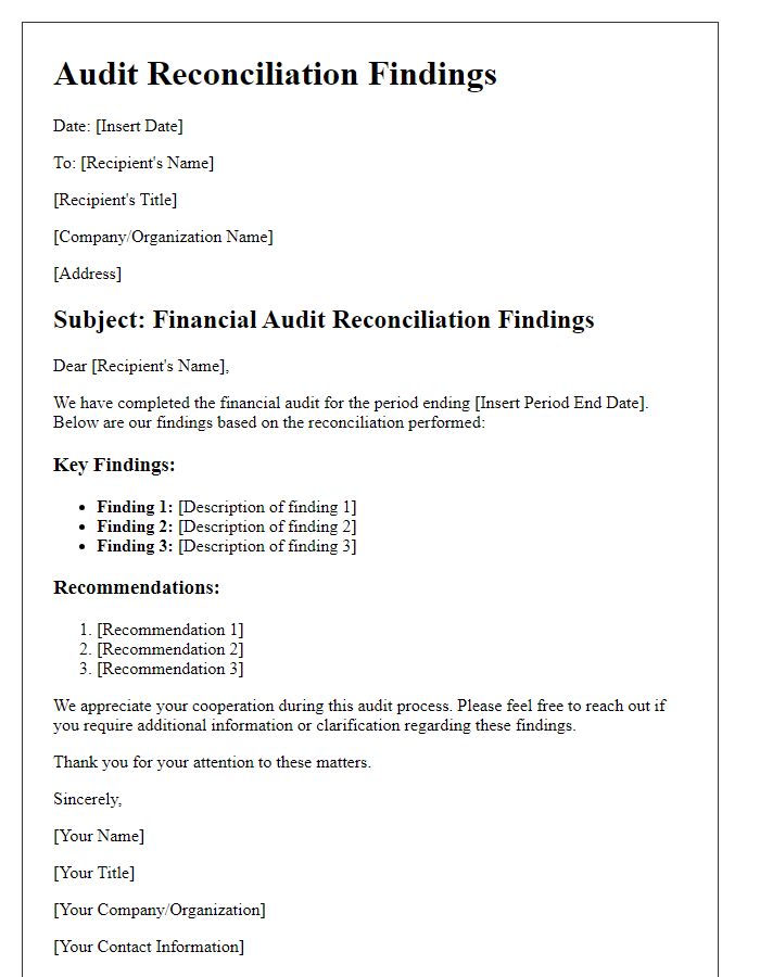 Letter template of financial audit reconciliation findings