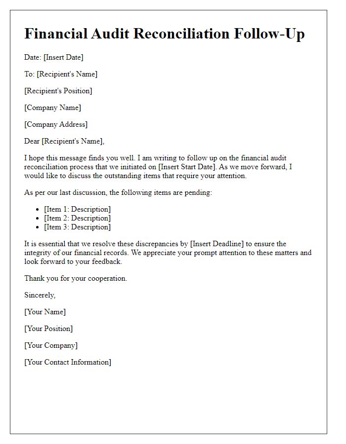 Letter template of financial audit reconciliation follow-up