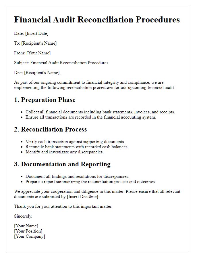 Letter template of financial audit reconciliation procedures