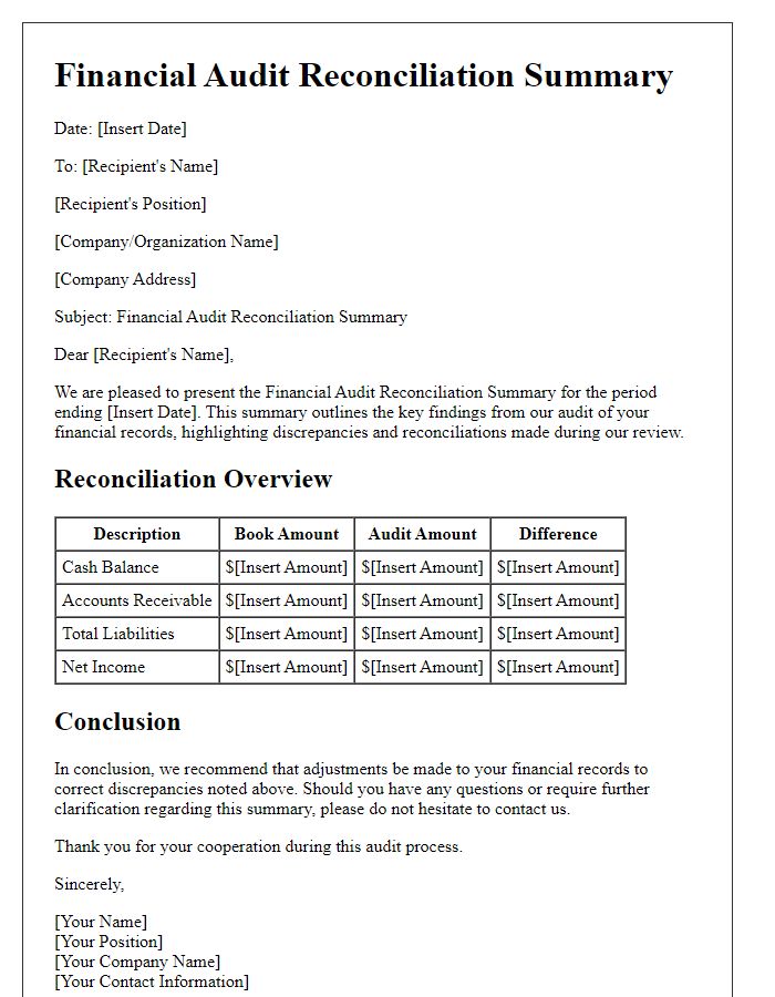 Letter template of financial audit reconciliation summary