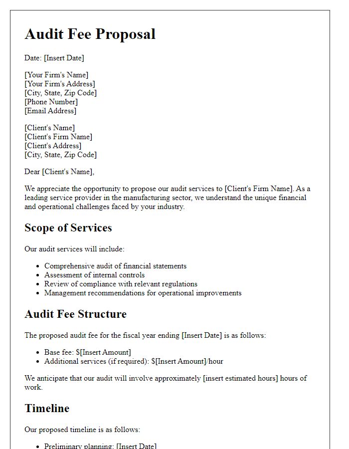 Letter template of audit fee proposal for manufacturing firms