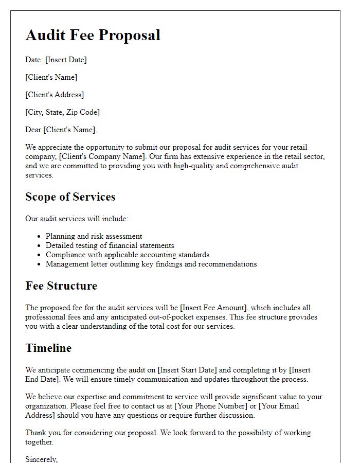 Letter template of audit fee proposal for retail companies