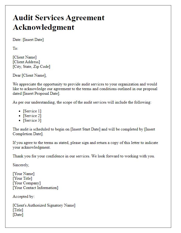 Letter template of audit services agreement acknowledgment