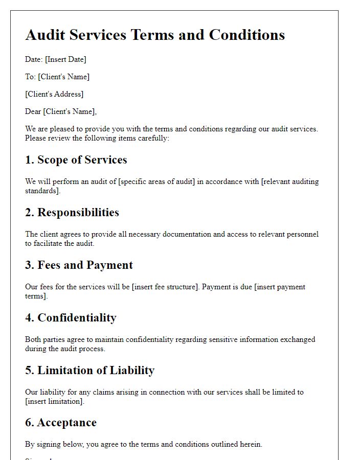 Letter template of audit services terms and conditions