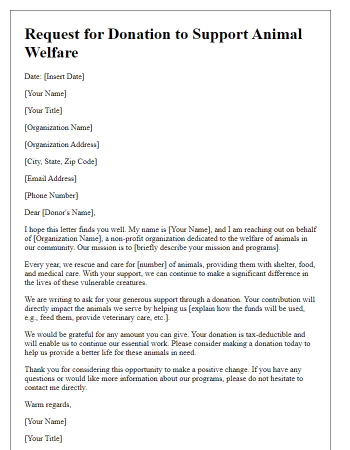 Letter template of donation request for animal welfare organization