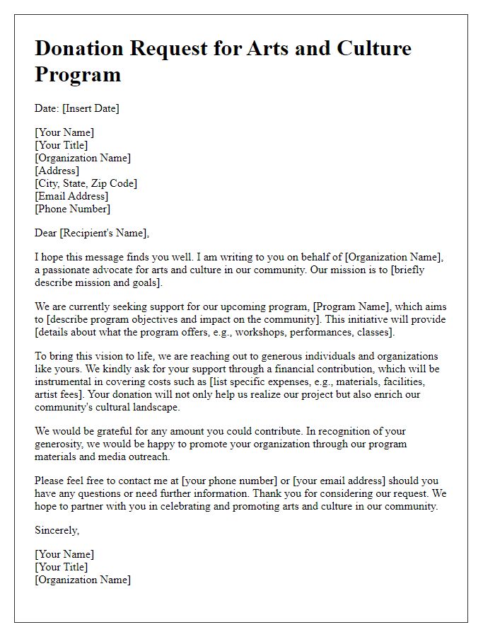 Letter template of donation request for arts and culture program