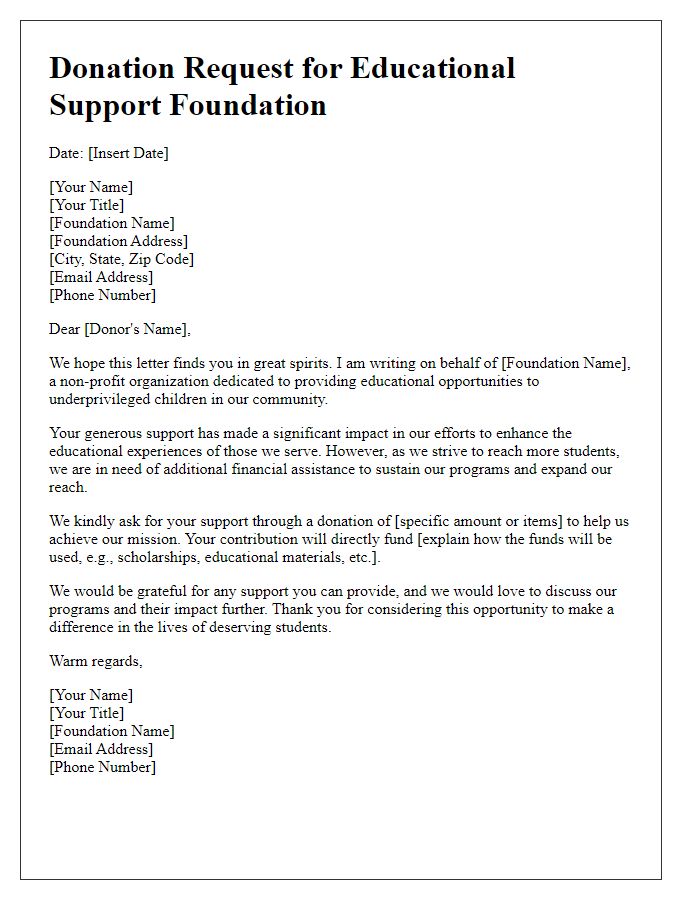 Letter template of donation request for educational support foundation