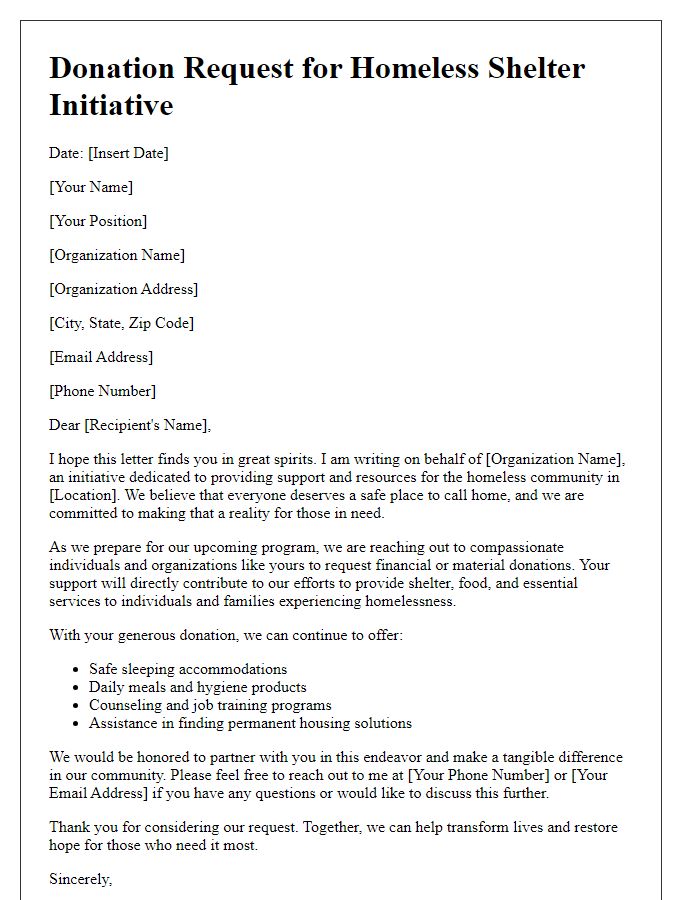 Letter template of donation request for homeless shelter initiative