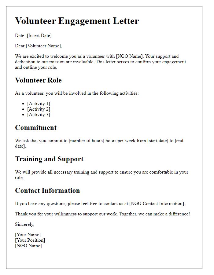 Letter template of engagement for individuals wishing to volunteer in our NGO