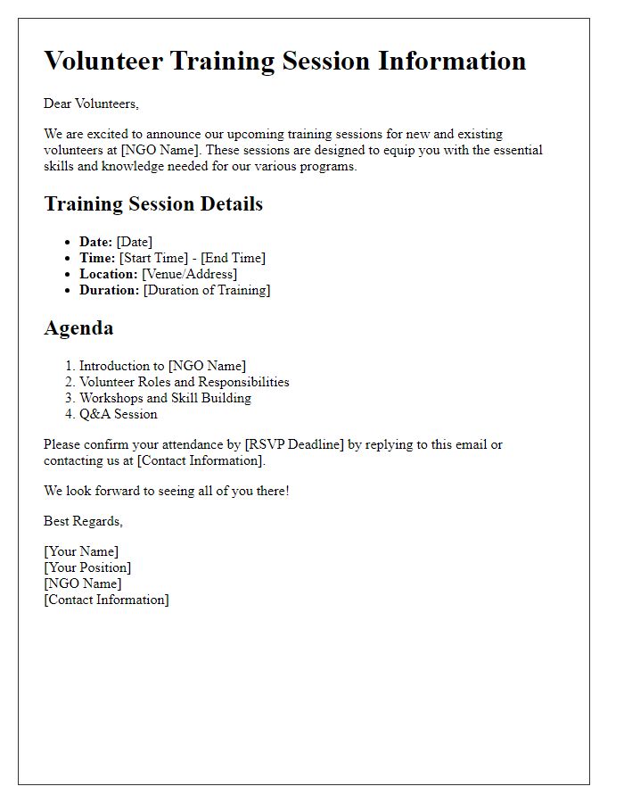 Letter template of information regarding NGO volunteer training sessions