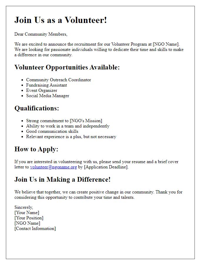 Letter template of recruitment notice for NGO volunteer program