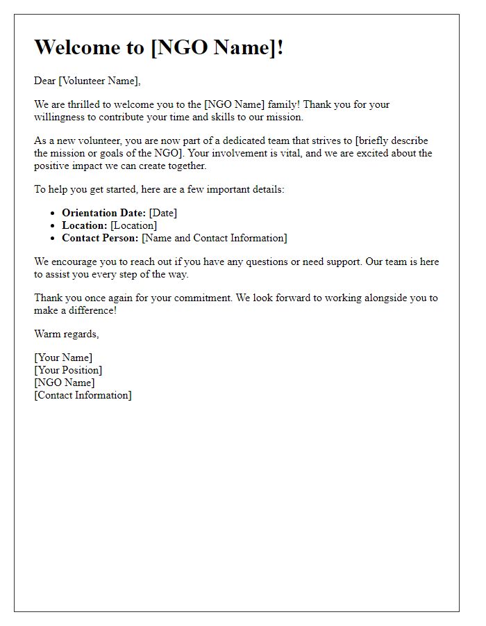 Letter template of welcome message for new NGO volunteers