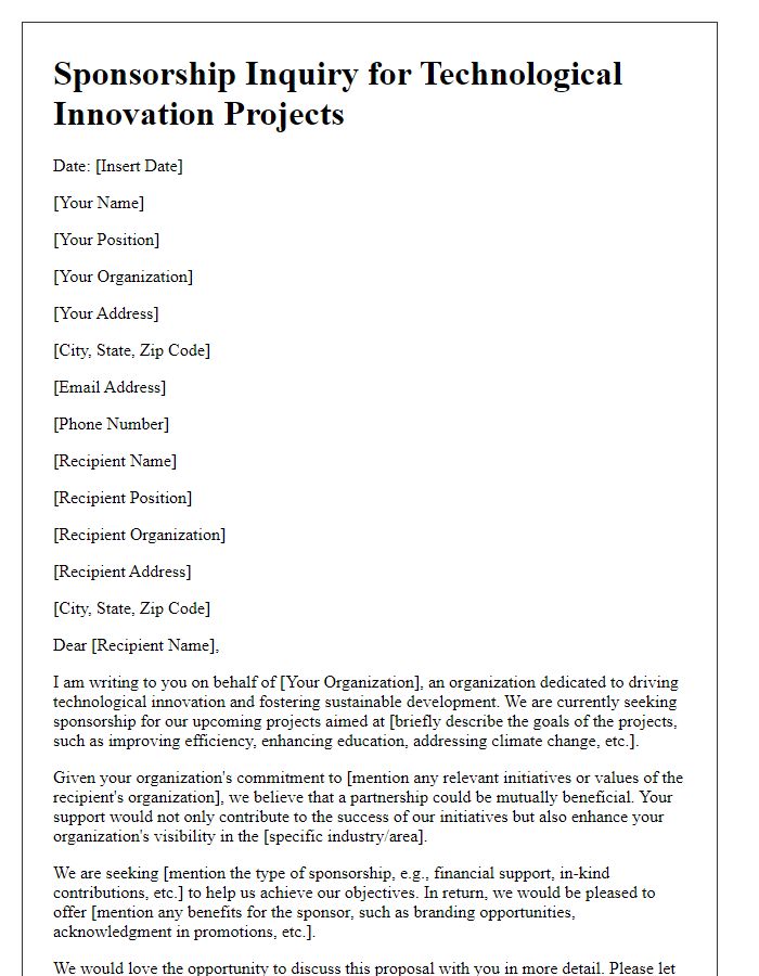 Letter template of sponsorship inquiry for technological innovation projects