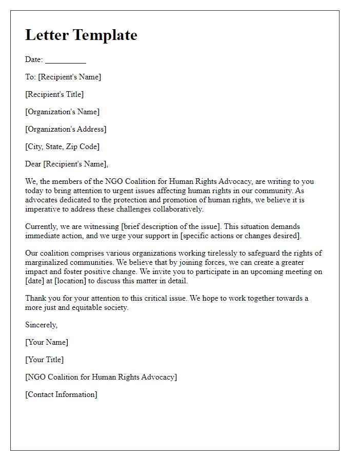 Letter template of NGO coalition for human rights advocacy.