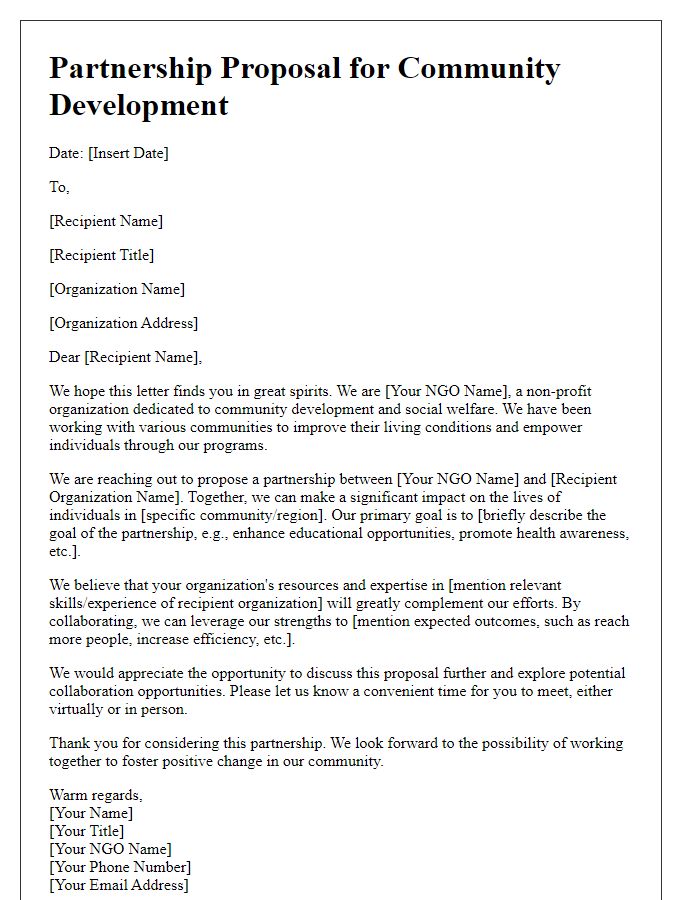 Letter template of NGO partnership proposal for community development.