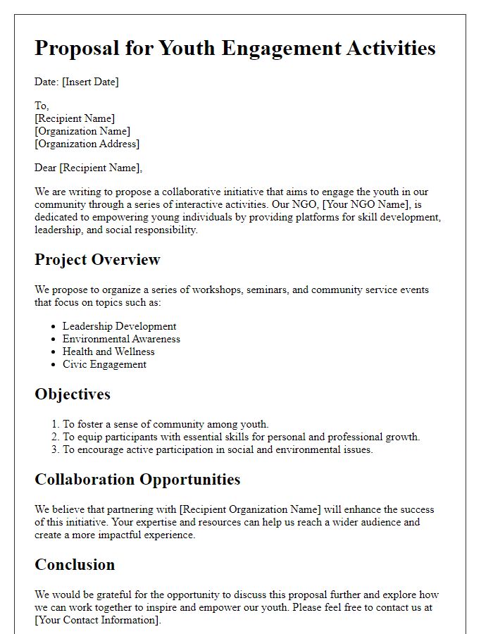 Letter template of NGO teamwork proposal for youth engagement activities.