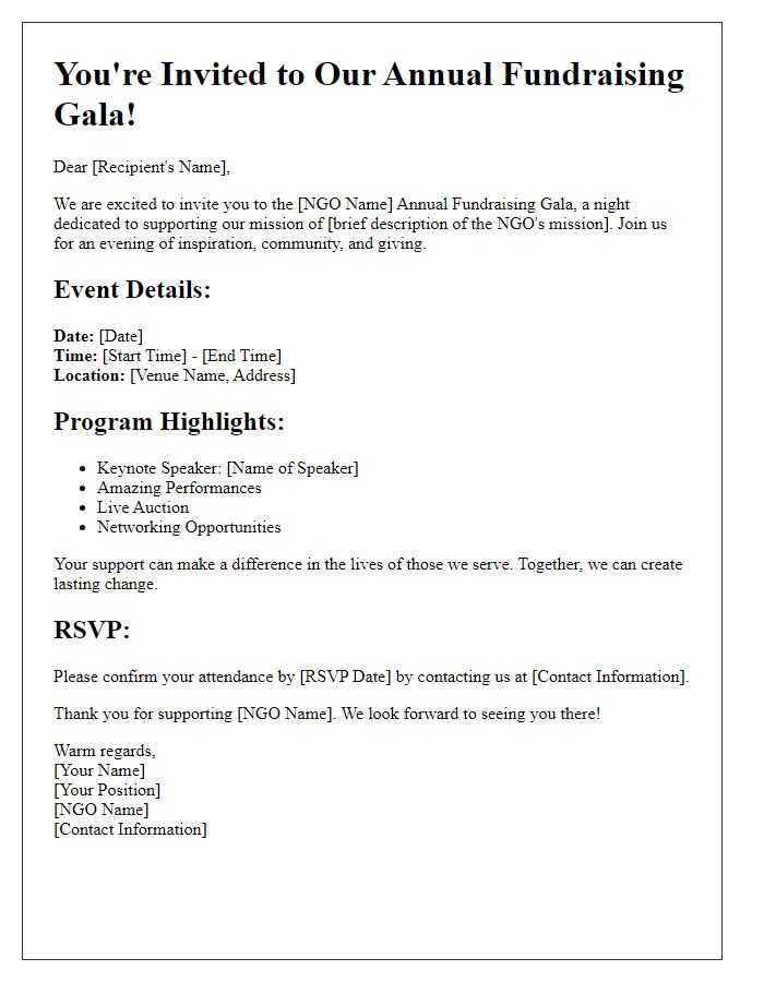 Letter template of NGO fundraising gala invitation