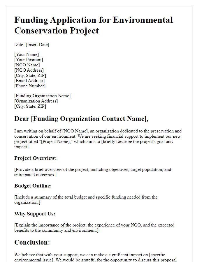 Letter template of funding application for environmental conservation NGO.