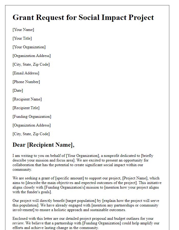 Letter template of grant request for social impact project by nonprofit.