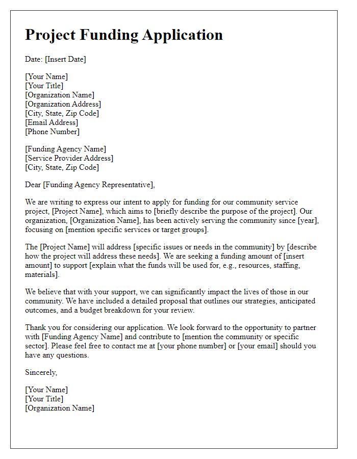 Letter template of project funding application for community service organization.